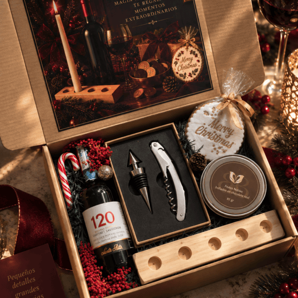 Caja navideña con vino y detalles dorados Noël Réserve — Caja Navideña de Vino y Chocolate