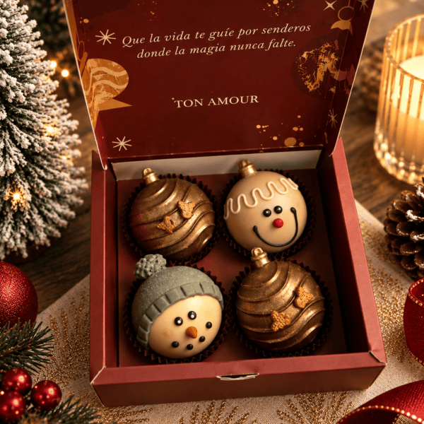 Caja navideña de trufas artesanales(1) Noche de Invierno — Caja de 4 Chocobombas Navideñas