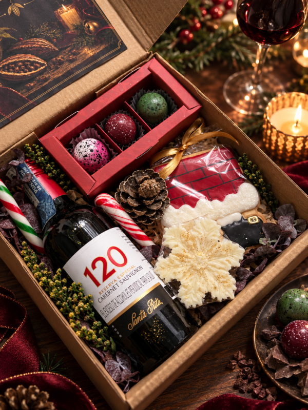Caja navideña gourmet con vino y chocolates Noir de Noël — Caja Navideña de Vino y Bombones Premium