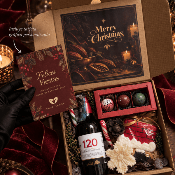 Caja navideña personalizada de lujo Noir de Noël — Caja Navideña de Vino y Bombones Premium