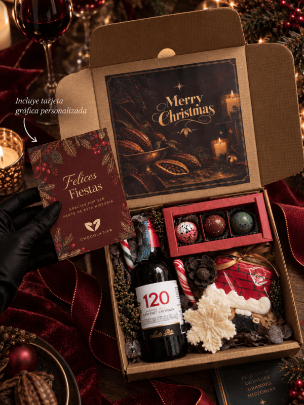 Caja navideña personalizada de lujo Noir de Noël — Caja Navideña de Vino y Bombones Premium