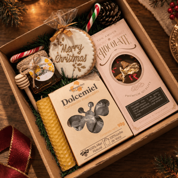 Canasta navideña artesanal con miel y chocolate Honey Ritual de Navidad — Caja de Miel y Chocolate Gourmet