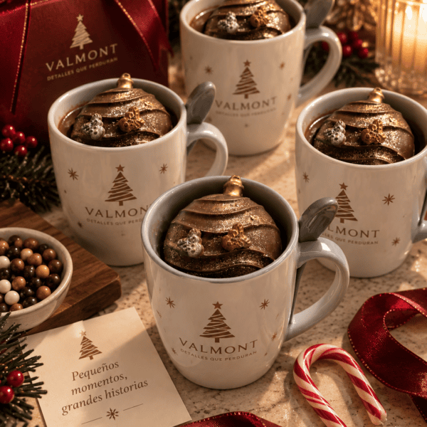 Mugs Valmont y chocolates navideños elegantes Ritual de Cacao — Kit Navideño de Chocolate Caliente Personalizado