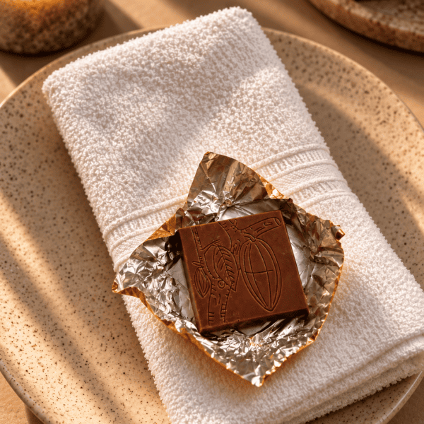 Chocolate artesanal sobre toalla de spa Petit signature | chocolates personalizados