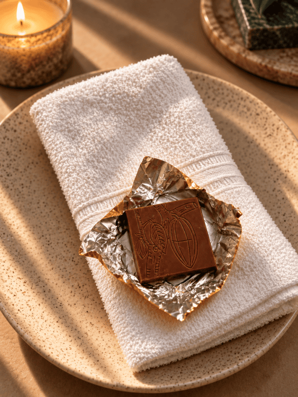 Chocolate artesanal sobre toalla de spa Petit signature | chocolates personalizados