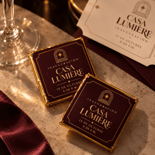 Invitación dorada Casa Lumière Petit signature | chocolates personalizados