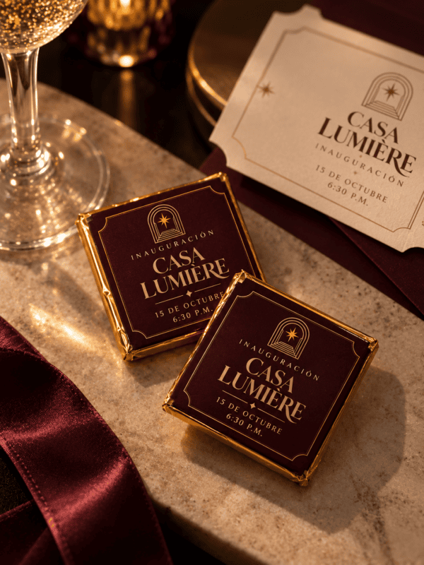 Invitación dorada Casa Lumière Petit signature | chocolates personalizados