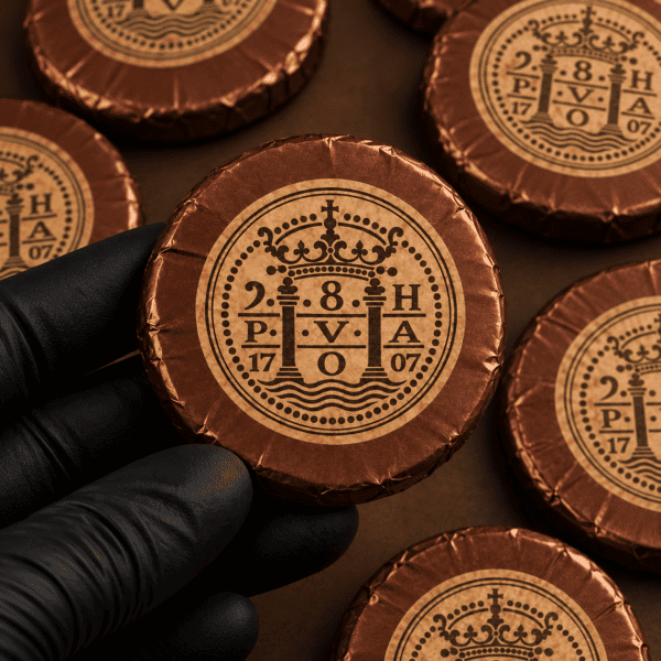 Monedas de chocolate con sello antiguo Moneda de chocolate con sticker personalizado para empresas