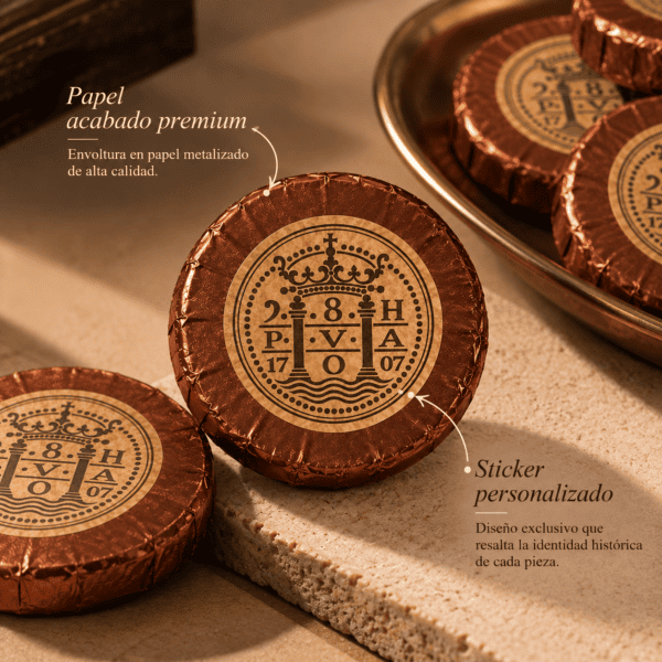 Monedas de chocolate con sello vintage Moneda de chocolate con sticker personalizado para empresas